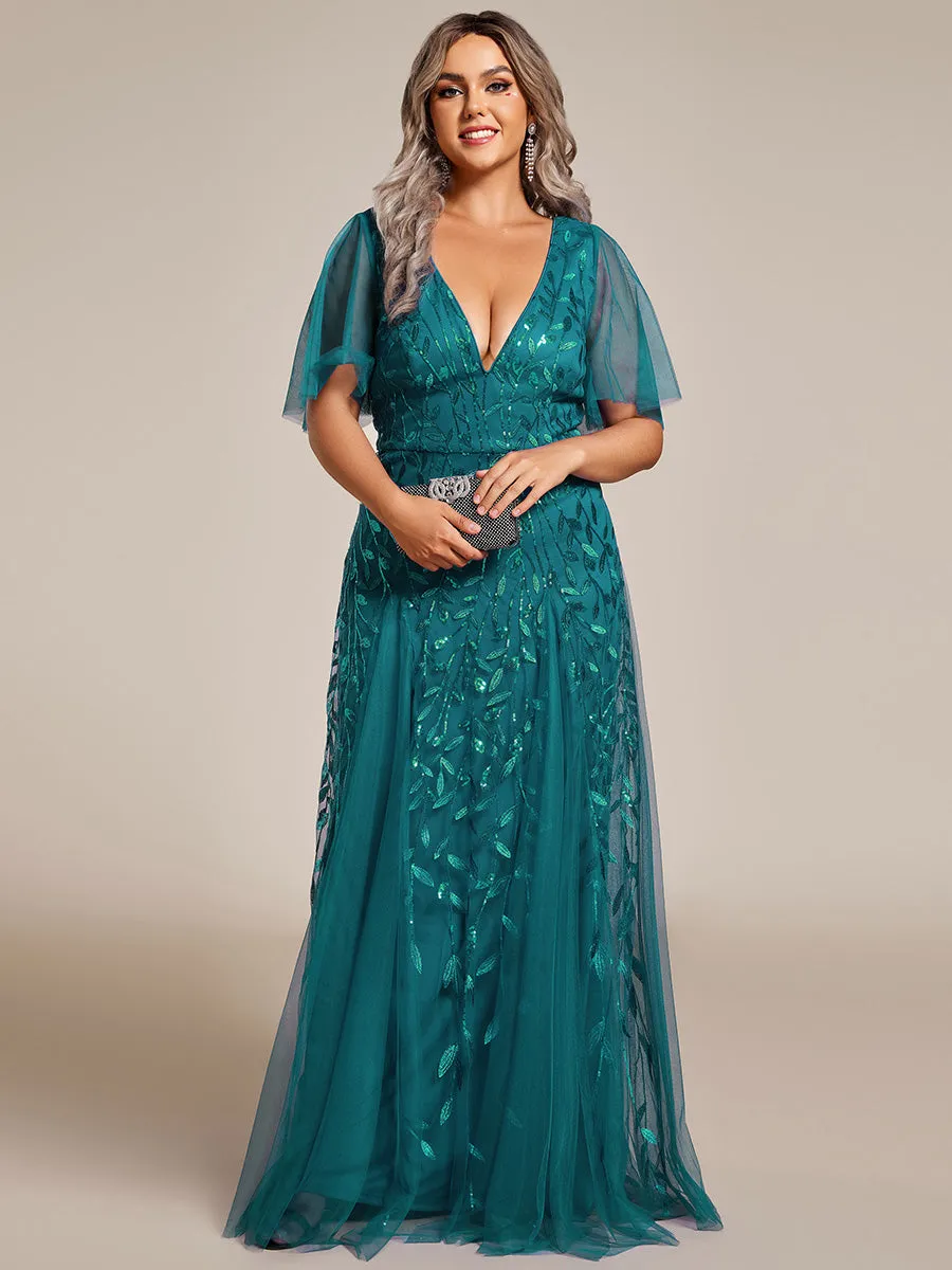 Plus Size Deep V Neck Wholesale Sequin Evening Gown With Short Sleeves