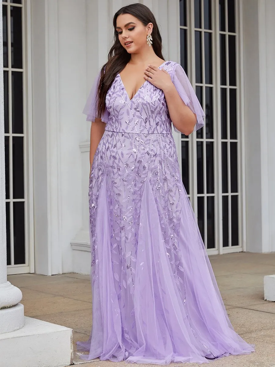 Plus Size Deep V Neck Wholesale Sequin Evening Gown With Short Sleeves