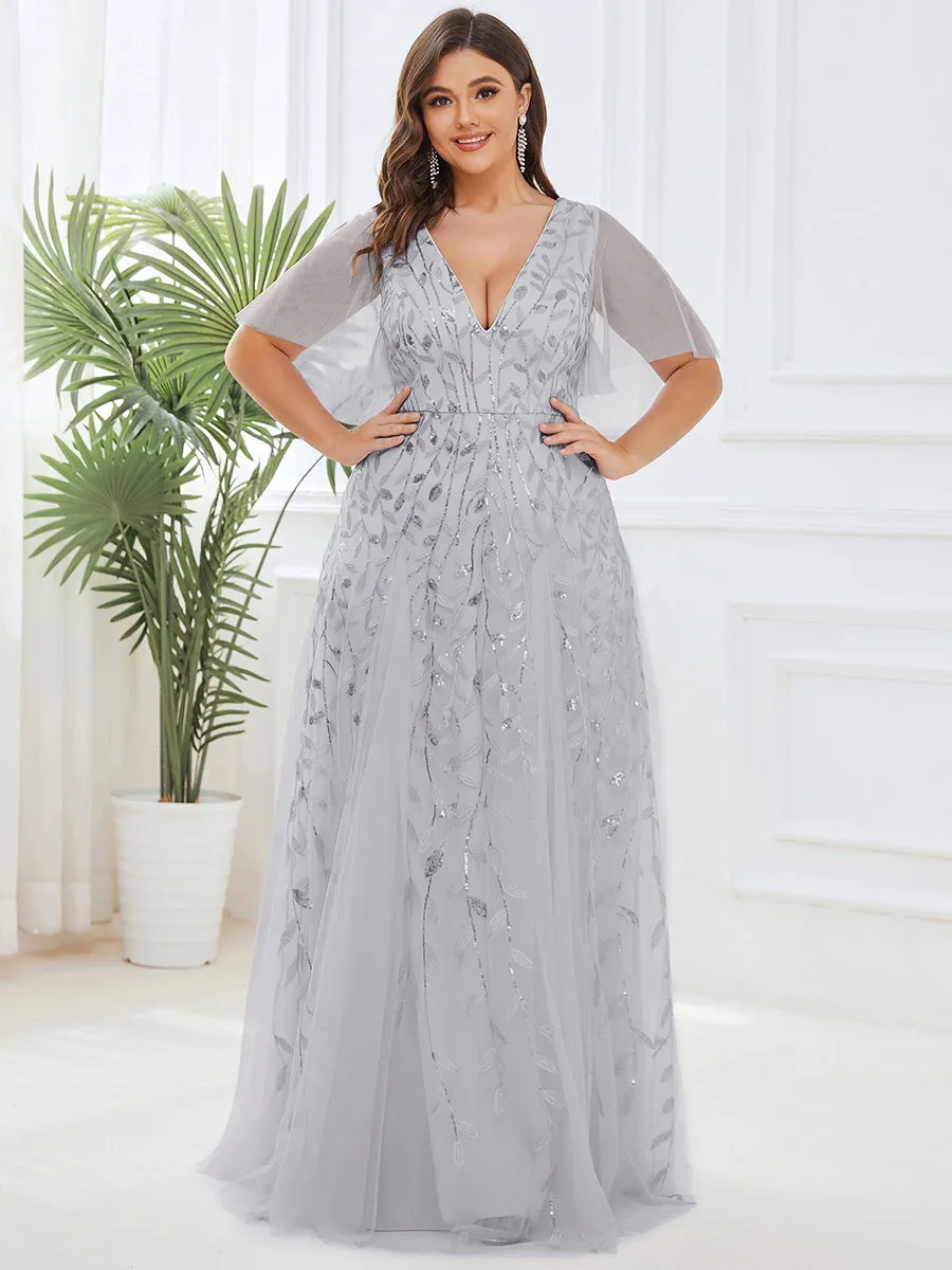 Plus Size Deep V Neck Wholesale Sequin Evening Gown With Short Sleeves