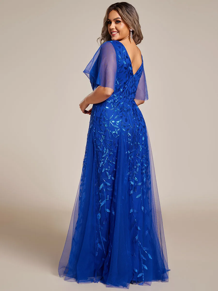 Plus Size Deep V Neck Wholesale Sequin Evening Gown With Short Sleeves