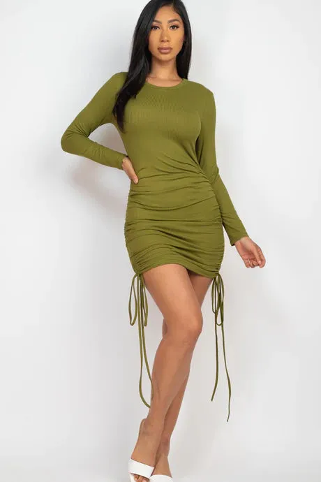 Ribbed Drawstring Bodycon Mini Dress