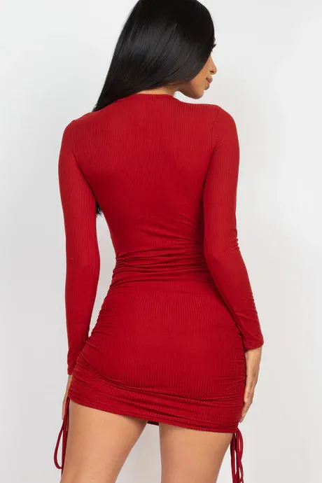 Ribbed Drawstring Bodycon Mini Dress