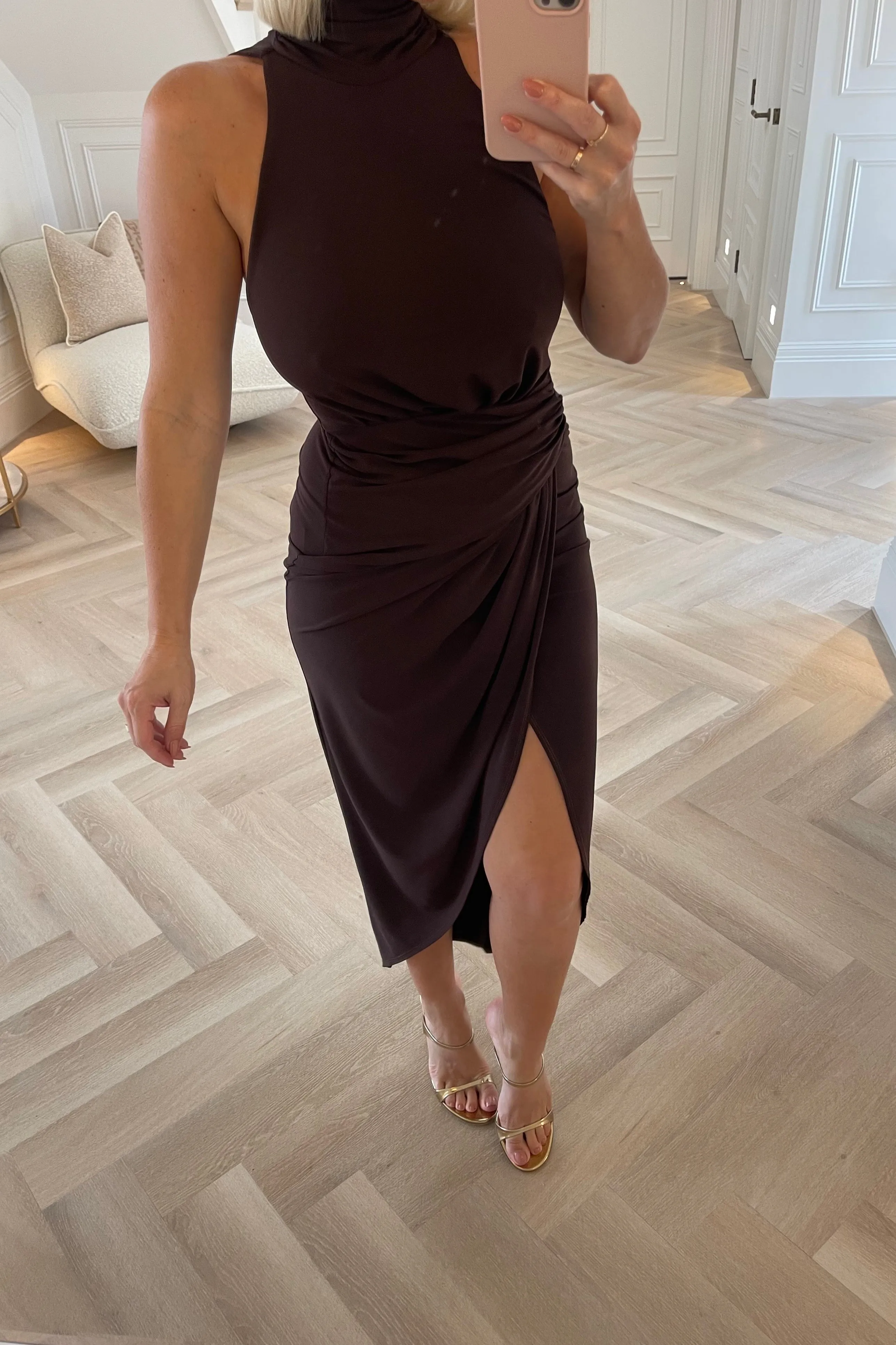 RICH BROWN HALTERNECK MIDI DRESS