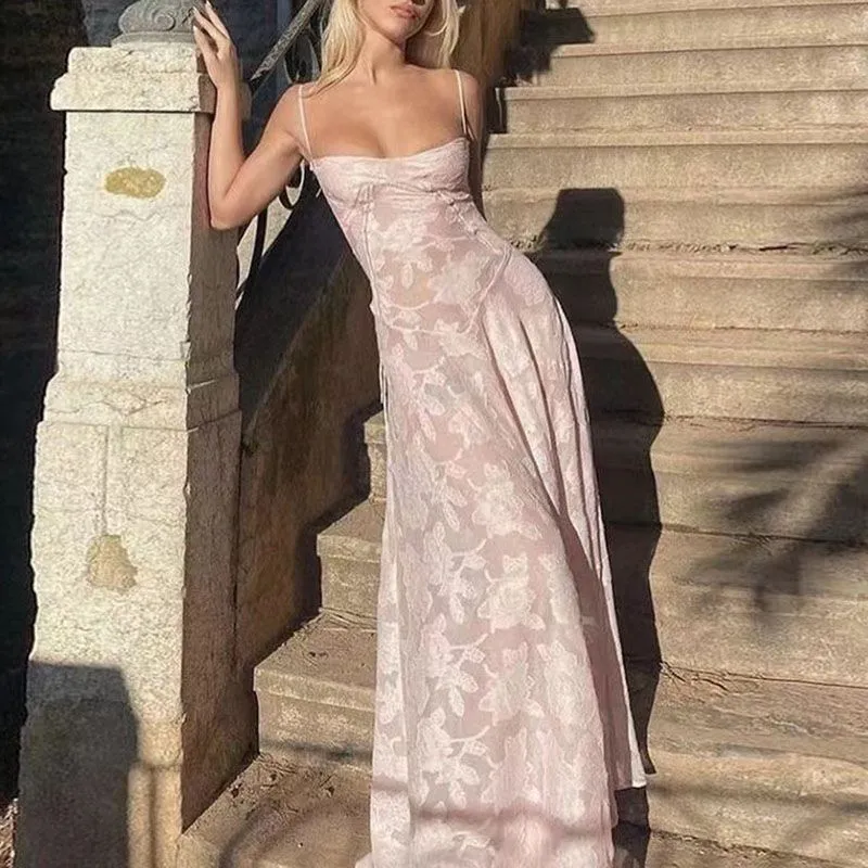 Sexy Half Mesh Patched Flower Bandeau Maxi Dress With Straps