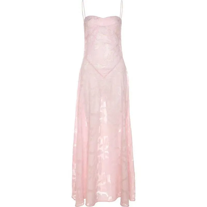 Sexy Half Mesh Patched Flower Bandeau Maxi Dress With Straps