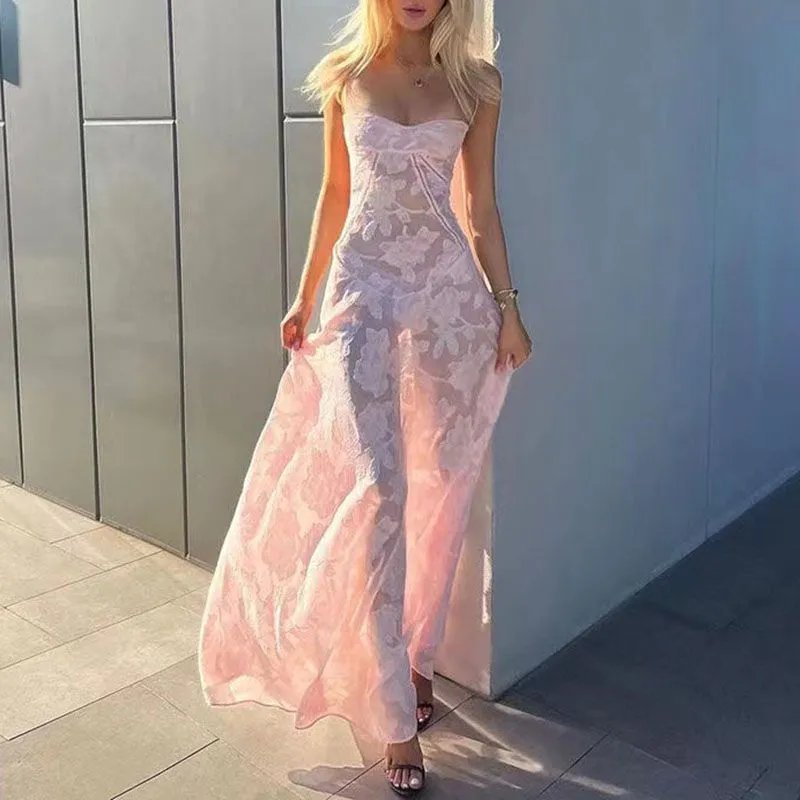 Sexy Half Mesh Patched Flower Bandeau Maxi Dress With Straps