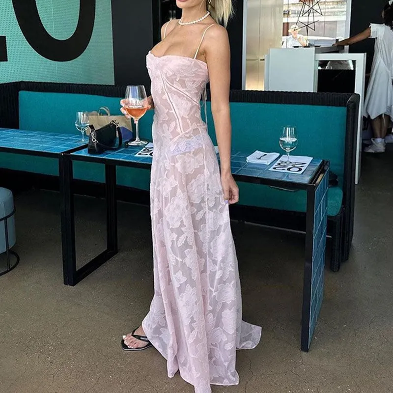 Sexy Half Mesh Patched Flower Bandeau Maxi Dress With Straps