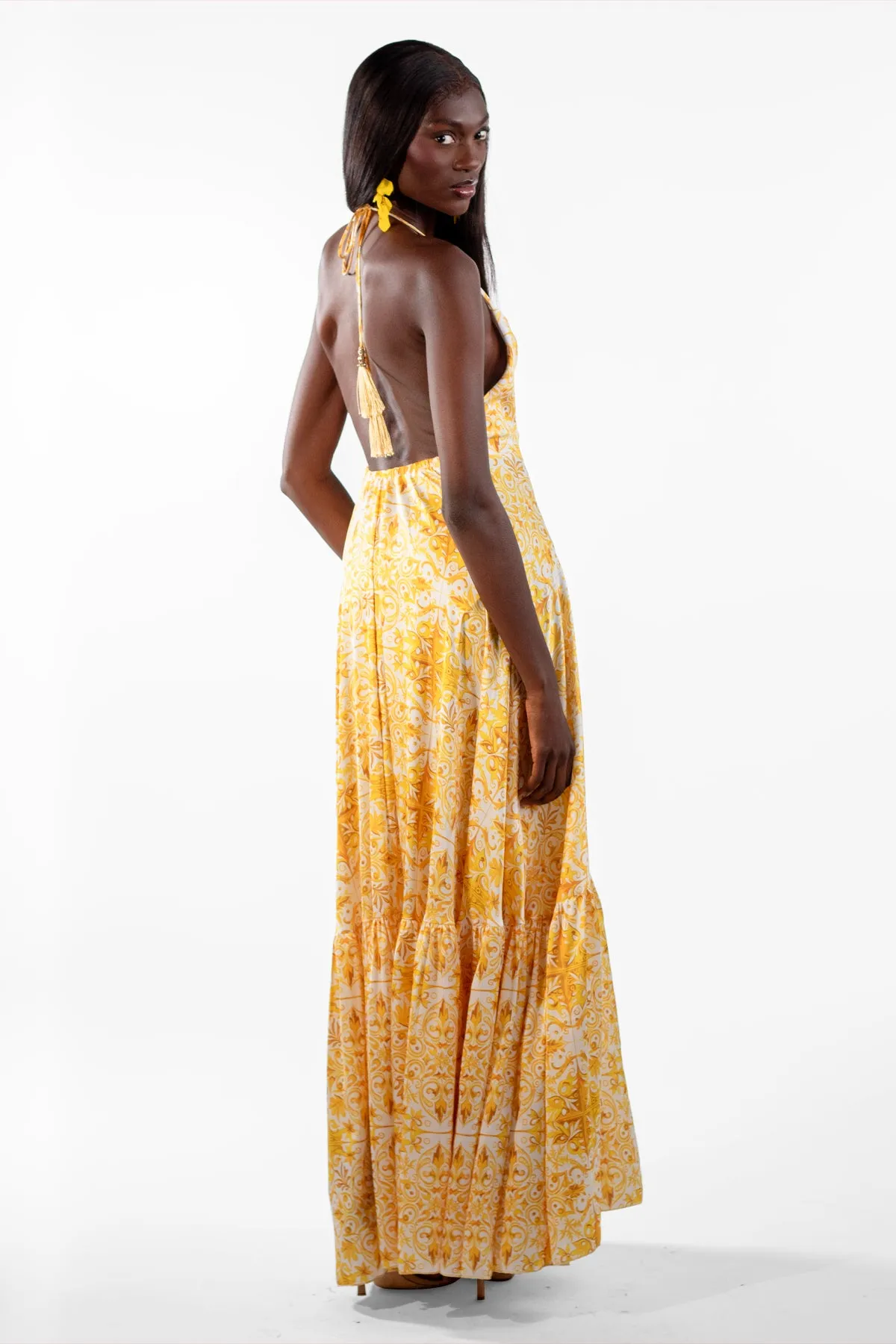 Valeska Yellow V-Neck Mosaic Maxi Dress