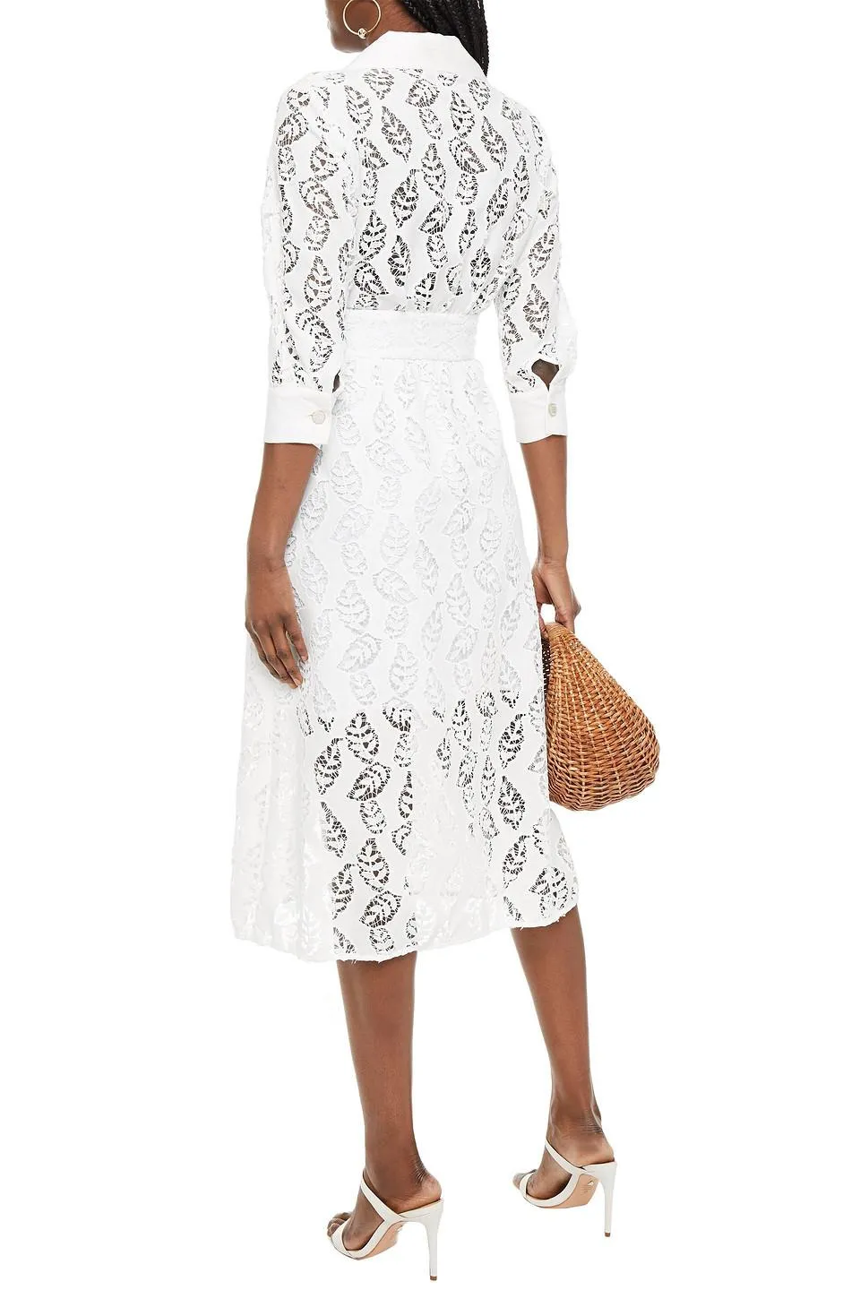 White Zenali Lacey Leaves Midi Dress