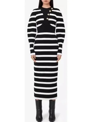 Women’s Black and White Striped Wool-Blend Midi Dress